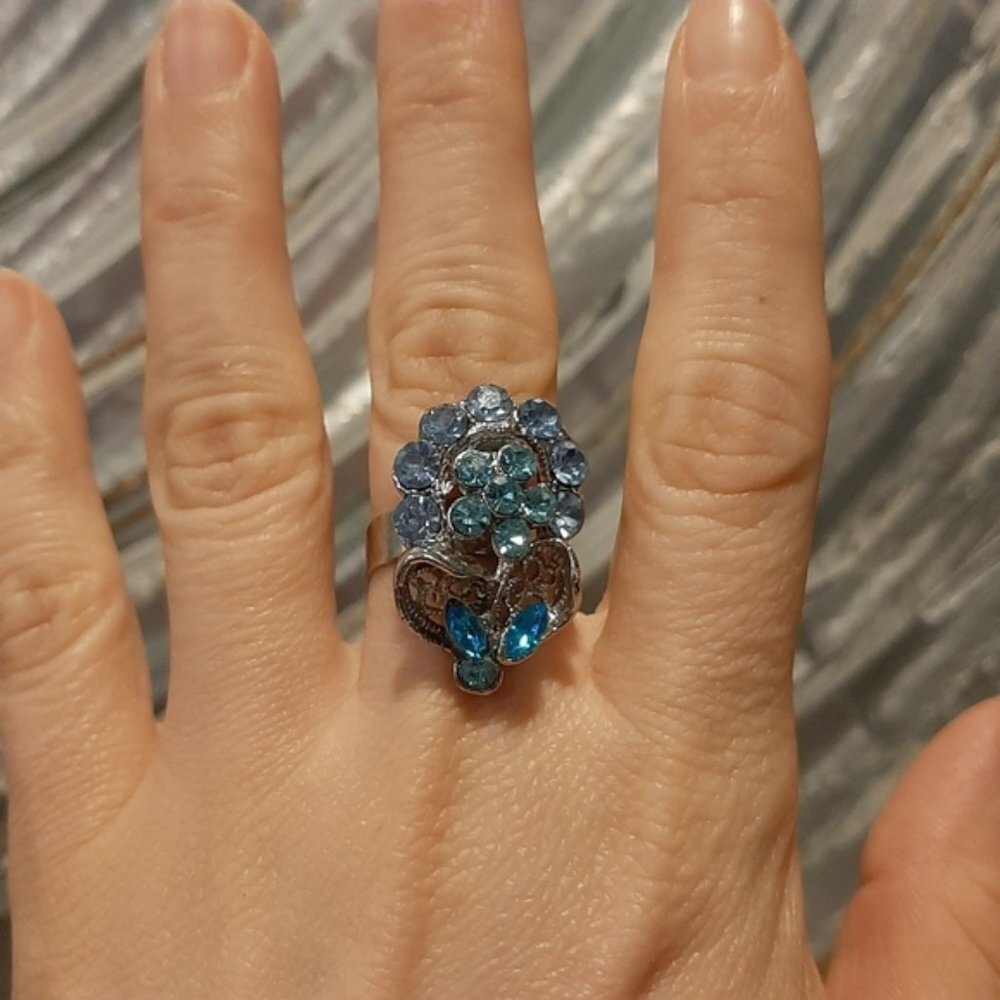 3Pc Set Of Rhinestone Cocktail Rings Aqua Statement Oversized Silver Adjustable - Picture 6 of 9